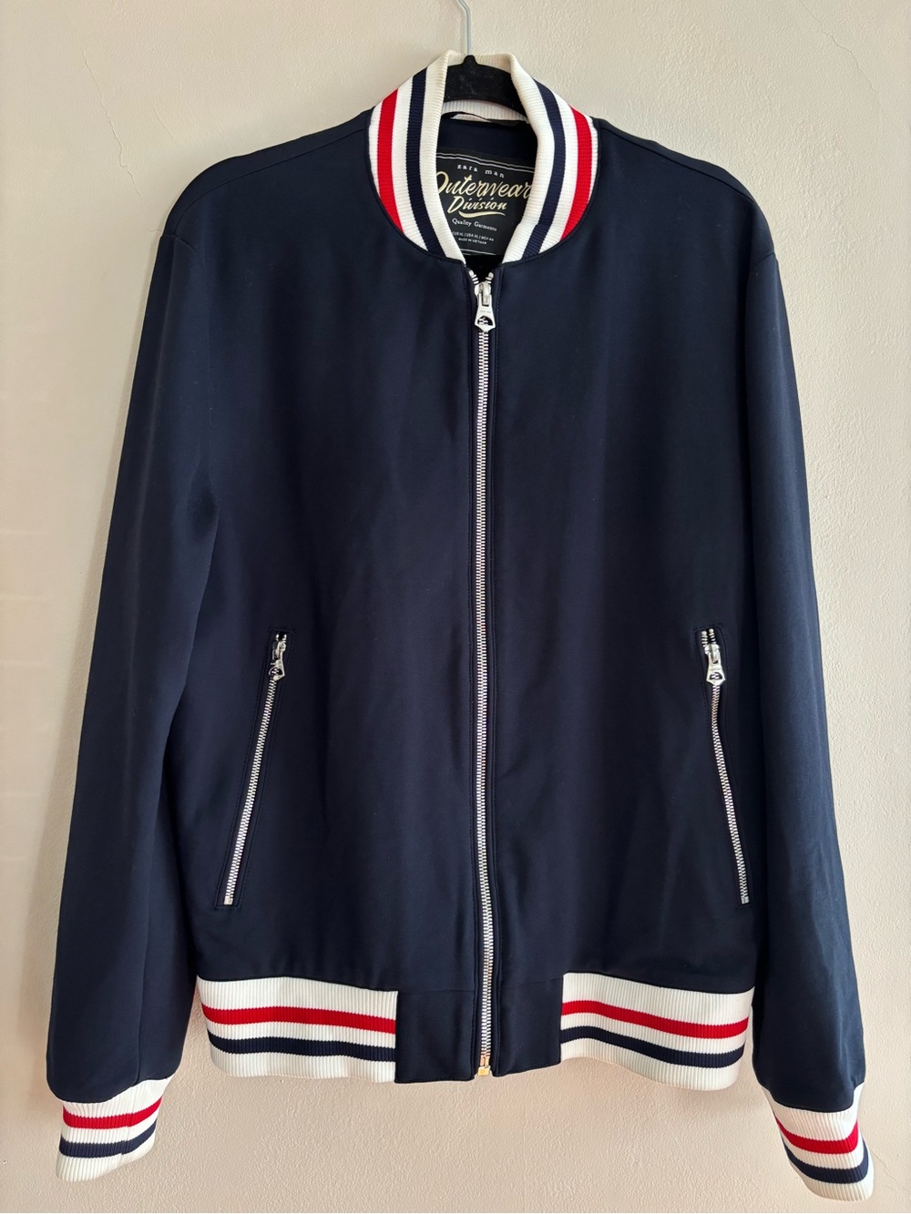Zara Man Navy Bomber Jacket with Red & White Stripe Trim